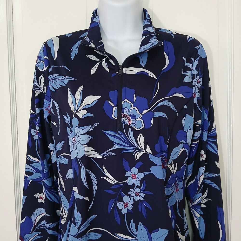 Tommy Bahama Everyday Active 1/4 Zip Pullover Women’s M Blue Floral Thumbholes - Picture 4 of 16